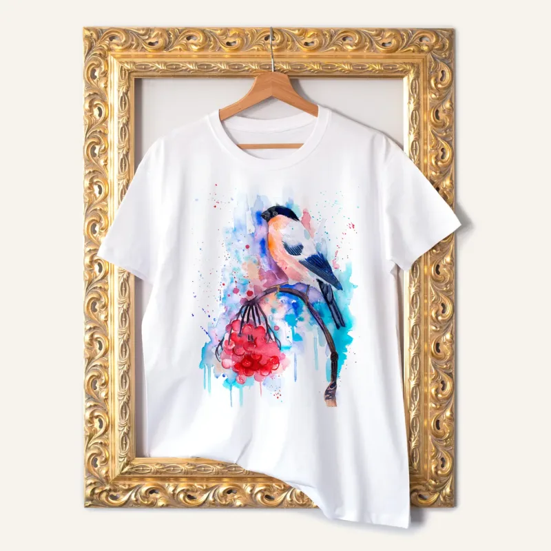 Bullfinch watercolor painting printed on a white cotton T-shirt by Slaveika Aladjova