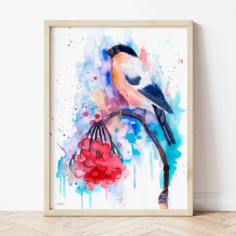 Bullfinch watercolor painting the artwork on the T-shirt by Slaveika Aladjova