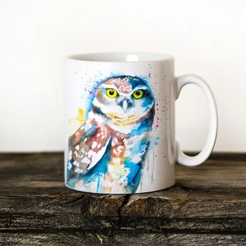 Burrowing Owl Art Mug, Watercolor Ceramic Mug 11 oz Burrowing Owl watercolor painting printed on an 11 oz ceramic art mug by Slaveika Aladjova