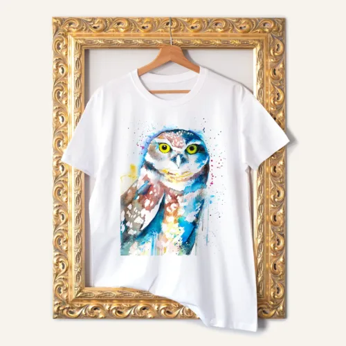 Burrowing Owl watercolor painting printed on a white cotton T-shirt by Slaveika Aladjova