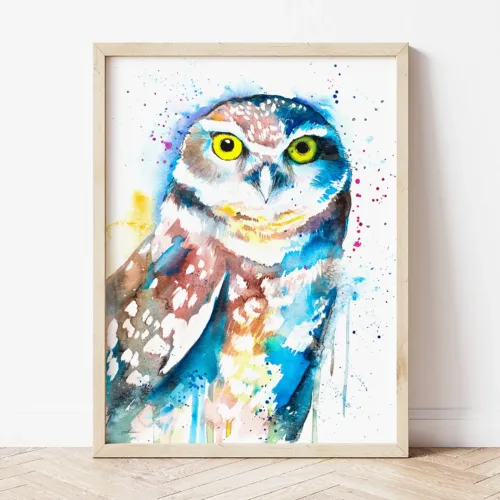 Burrowing Owl watercolor painting the artwork on the T-shirt by Slaveika Aladjova