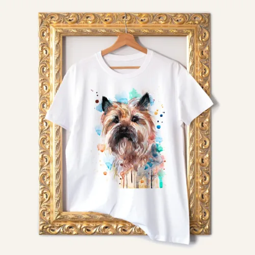 Cairn Terrier T-Shirt, Watercolor Art Tee Cairn Terrier watercolor painting printed on a white cotton T-shirt by Slaveika Aladjova