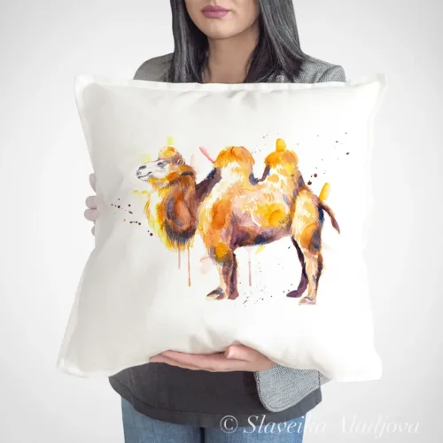 Camel Art Pillow Cover, Watercolor Cushion 50 × 50 cm Camel watercolor painting printed on a 50 x 50 cm cotton art pillow cover by Slaveika Aladjova