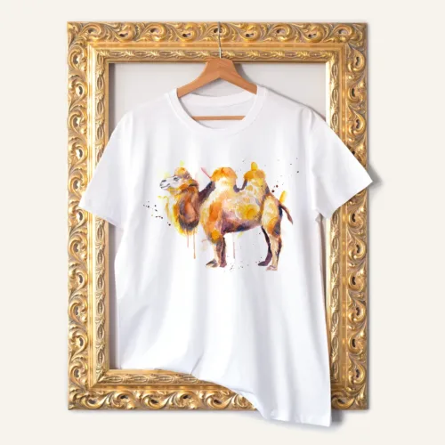 Camel T-Shirt, Watercolor Art Tee Camel watercolor painting printed on a white cotton T-shirt by Slaveika Aladjova