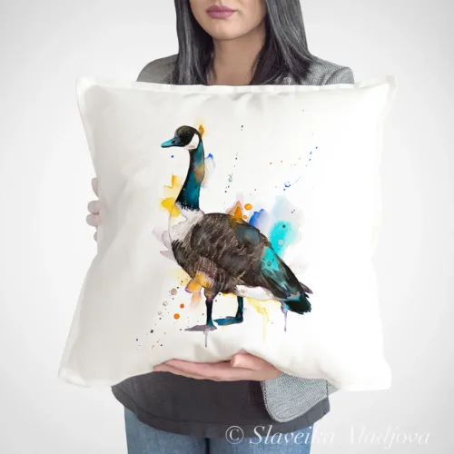 Canada Goose Art Pillow Cover, Watercolor Cushion 50 × 50 cm Canada Goose watercolor painting printed on a 50 x 50 cm cotton art pillow cover by Slaveika Aladjova