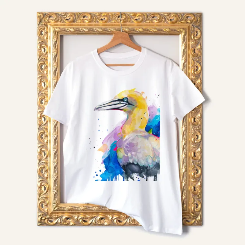 Cape Gannet watercolor painting printed on a white cotton T-shirt by Slaveika Aladjova