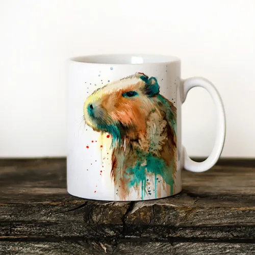 Capybara Art Mug, Watercolor Ceramic Mug 11 oz Capybara watercolor painting printed on an 11 oz ceramic art mug by Slaveika Aladjova