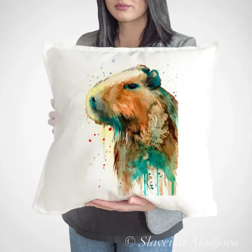 Capybara Art Pillow Cover, Watercolor Cushion 50 × 50 cm Capybara watercolor painting printed on a 50 x 50 cm cotton art pillow cover by Slaveika Aladjova