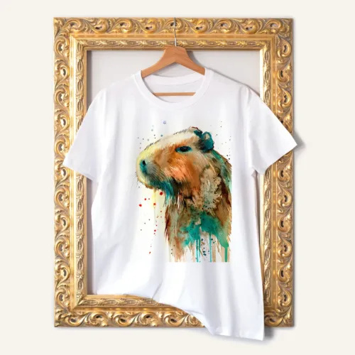 Capybara T-Shirt, Watercolor Art Tee Capybara watercolor painting printed on a white cotton T-shirt by Slaveika Aladjova