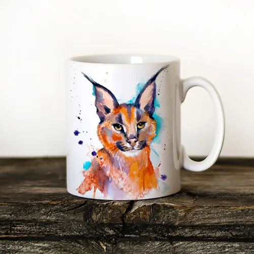 Caracal watercolor painting printed on an 11 oz ceramic art mug by Slaveika Aladjova