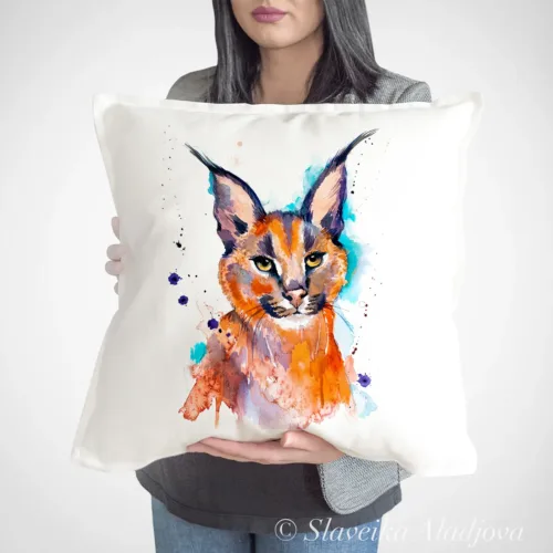 Caracal Art Pillow Cover, Watercolor Cushion 50 × 50 cm Caracal watercolor painting printed on a 50 x 50 cm cotton art pillow cover by Slaveika Aladjova