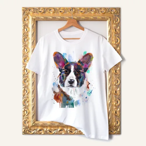 Cardigan Welsh Corgi watercolor painting printed on a white cotton T-shirt by Slaveika Aladjova