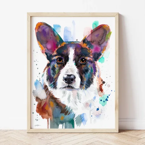 Cardigan Welsh Corgi watercolor painting the artwork on the T-shirt by Slaveika Aladjova