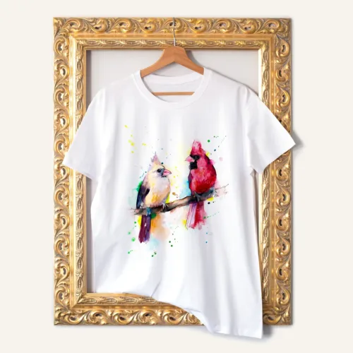 Cardinals T-Shirt, Watercolor Art Tee Cardinals watercolor painting printed on a white cotton T-shirt by Slaveika Aladjova
