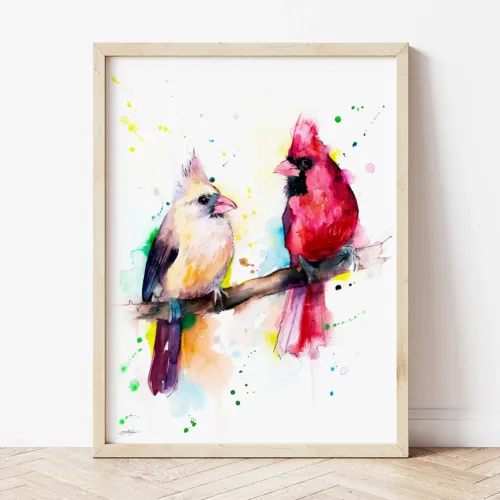 Cardinals watercolor painting the artwork on the T-shirt by Slaveika Aladjova