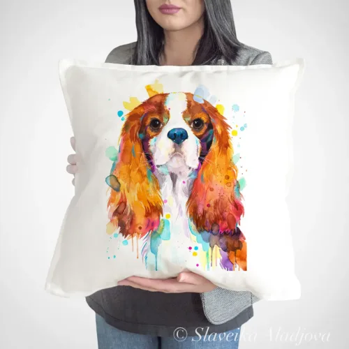 Cavalier King Charles Spaniel Art Pillow Cover, Watercolor Cushion 50 × 50 cm Cavalier King Charles Spaniel watercolor painting printed on a 50 x 50 cm cotton art pillow cover by Slaveika Aladjova