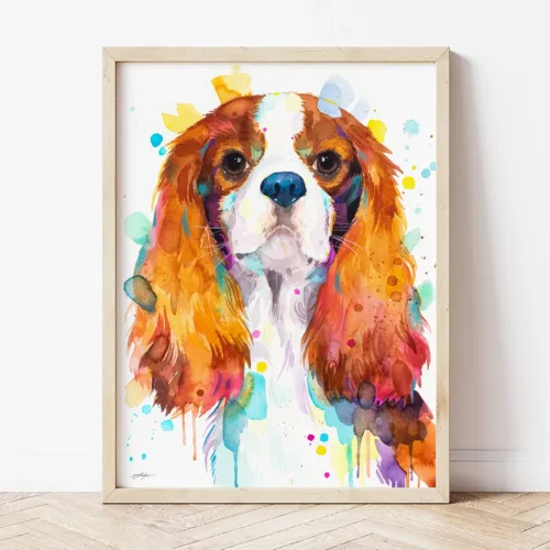 Cavalier King Charles Spaniel watercolor painting the artwork on the T-shirt by Slaveika Aladjova