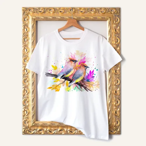 Cedar Waxwings T-Shirt, Watercolor Art Tee Cedar Waxwings watercolor painting printed on a white cotton T-shirt by Slaveika Aladjova