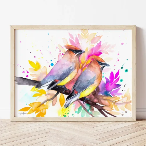 Cedar Waxwings watercolor painting the artwork on the T-shirt by Slaveika Aladjova