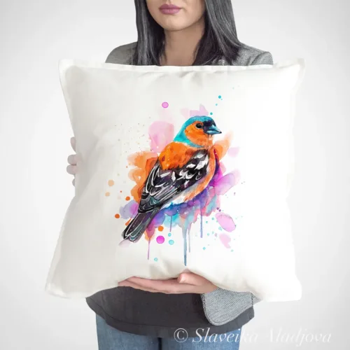 Chaffinch Art Pillow Cover, Watercolor Cushion 50 × 50 cm Chaffinch watercolor painting printed on a 50 x 50 cm cotton art pillow cover by Slaveika Aladjova