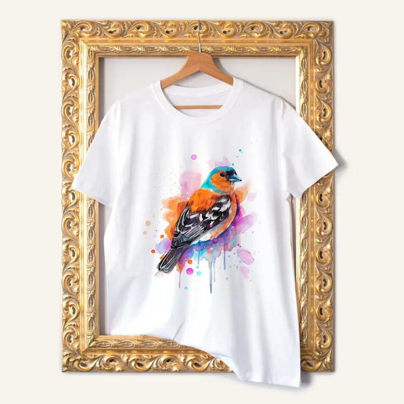 Chaffinch watercolor painting printed on a white cotton T-shirt by Slaveika Aladjova