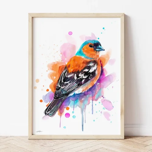Chaffinch watercolor painting the artwork on the T-shirt by Slaveika Aladjova
