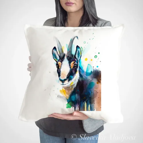 Chamois Art Pillow Cover, Watercolor Cushion 50 × 50 cm Chamois watercolor painting printed on a 50 x 50 cm cotton art pillow cover by Slaveika Aladjova
