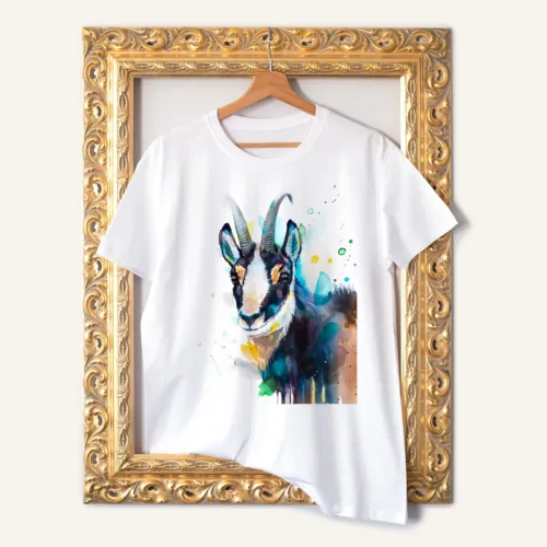 Chamois watercolor painting printed on a white cotton T-shirt by Slaveika Aladjova