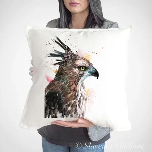 Changeable Hawk-Eagle Art Pillow Cover, Watercolor Cushion 50 × 50 cm Changeable Hawk-Eagle watercolor painting printed on a 50 x 50 cm cotton art pillow cover by Slaveika Aladjova