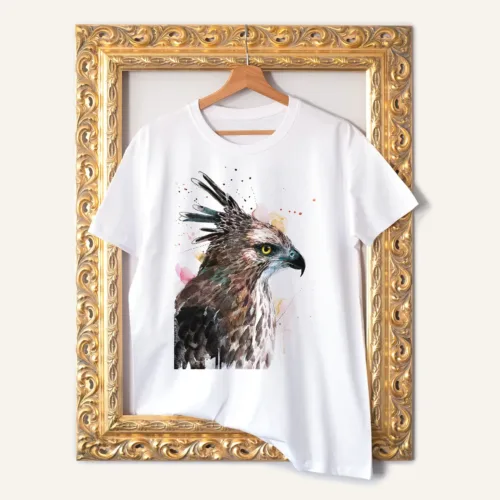 Changeable Hawk-Eagle watercolor painting printed on a white cotton T-shirt by Slaveika Aladjova