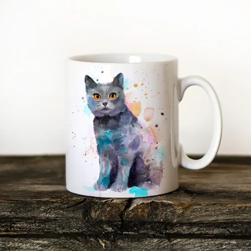 Chartreux Cat Art Mug, Watercolor Ceramic Mug 11 oz Chartreux Cat watercolor painting printed on an 11 oz ceramic art mug by Slaveika Aladjova