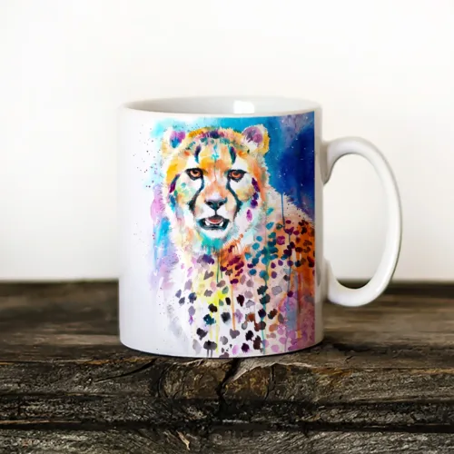 Cheetah watercolor painting printed on an 11 oz ceramic art mug by Slaveika Aladjova