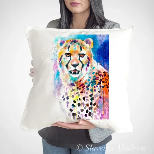 Cheetah Art Pillow Cover, Watercolor Cushion 50 × 50 cm Cheetah watercolor painting printed on a 50 x 50 cm cotton art pillow cover by Slaveika Aladjova