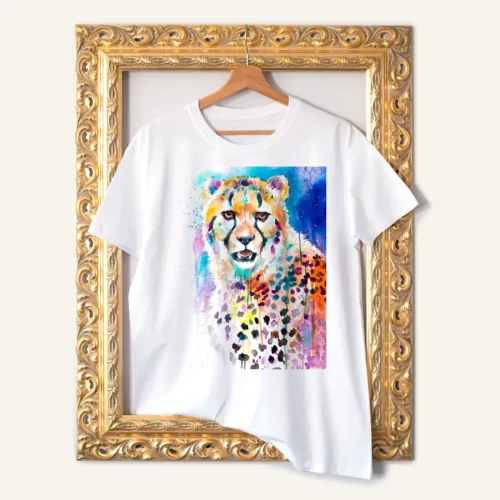 Cheetah watercolor painting printed on a white cotton T-shirt by Slaveika Aladjova