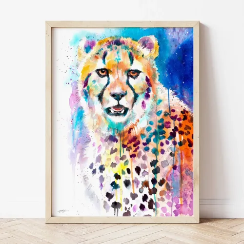 Cheetah watercolor painting the artwork on the T-shirt by Slaveika Aladjova