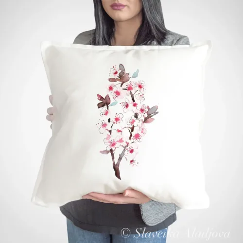 Cherry Blossom Art Pillow Cover, Watercolor Cushion 50 × 50 cm Cherry Blossom watercolor painting printed on a 50 x 50 cm cotton art pillow cover by Slaveika Aladjova