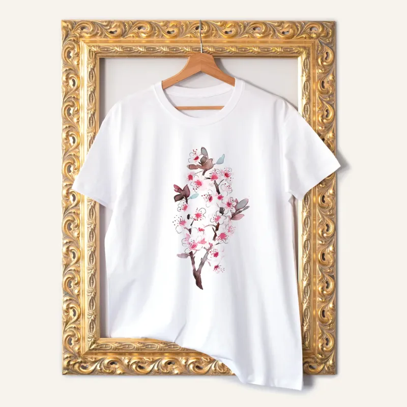 Cherry Blossom watercolor painting printed on a white cotton T-shirt by Slaveika Aladjova