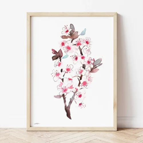Cherry Blossom watercolor painting the artwork on the T-shirt by Slaveika Aladjova