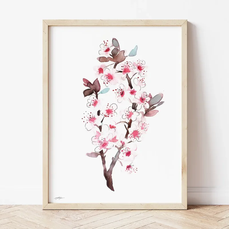 Cherry Blossom watercolor painting the artwork on the T-shirt by Slaveika Aladjova