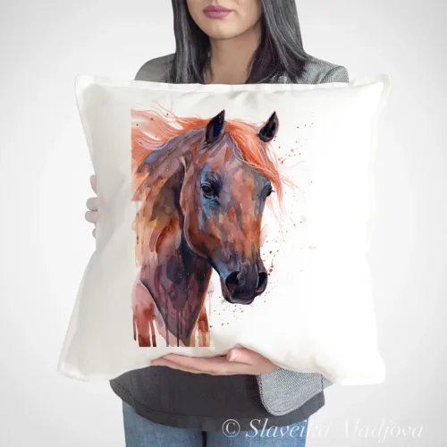 Chestnut Arabian Horse Art Pillow Cover, Watercolor Cushion 50 × 50 cm Chestnut Arabian Horse watercolor painting printed on a 50 x 50 cm cotton art pillow cover by Slaveika Aladjova