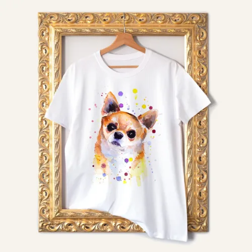 Chihuahua T-Shirt, Watercolor Art Tee Chihuahua watercolor painting printed on a white cotton T-shirt by Slaveika Aladjova