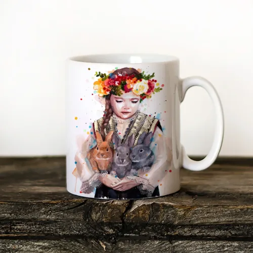 Child in a Folk Costume from Tran with Rabbits Art Mug, Watercolor Ceramic Mug 11 oz Child in a Folk Costume from Tran with Rabbits watercolor painting printed on an 11 oz ceramic art mug by Slaveika Aladjova