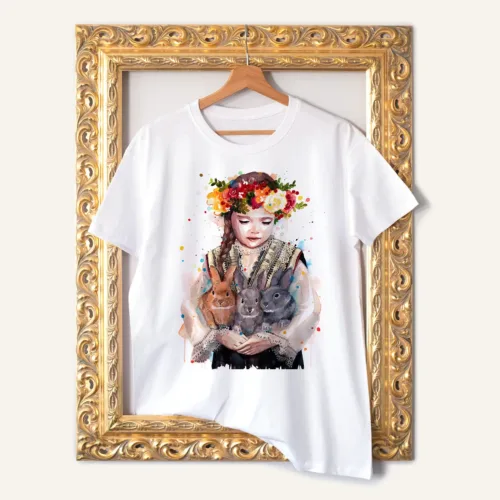 Child in a Folk Costume from Tran with Rabbits T-Shirt, Watercolor Art Tee Child in a Folk Costume from Tran with Rabbits watercolor painting printed on a white cotton T-shirt by Slaveika Aladjova