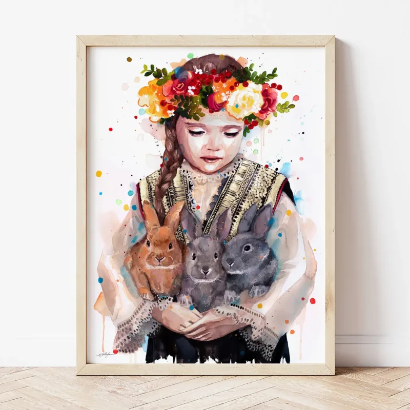 Child in a Folk Costume from Tran with Rabbits watercolor painting the artwork on the T-shirt by Slaveika Aladjova