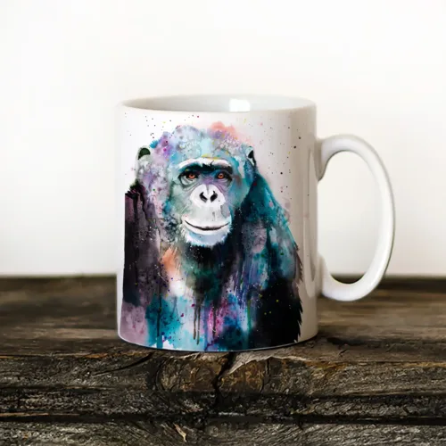 Chimpanzee Art Mug, Watercolor Ceramic Mug 11 oz Chimpanzee watercolor painting printed on an 11 oz ceramic art mug by Slaveika Aladjova