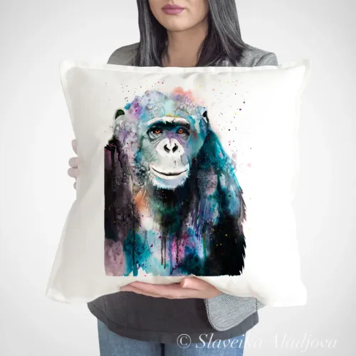 Chimpanzee Art Pillow Cover, Watercolor Cushion 50 × 50 cm Chimpanzee watercolor painting printed on a 50 x 50 cm cotton art pillow cover by Slaveika Aladjova