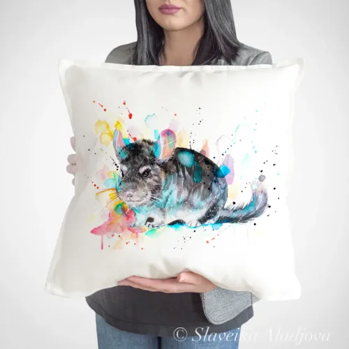 Chinchilla Art Pillow Cover, Watercolor Cushion 50 × 50 cm Chinchilla watercolor painting printed on a 50 x 50 cm cotton art pillow cover by Slaveika Aladjova