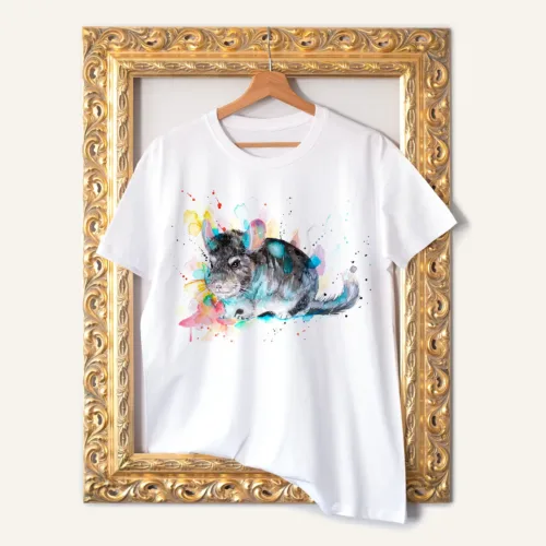 Chinchilla T-Shirt, Watercolor Art Tee Chinchilla watercolor painting printed on a white cotton T-shirt by Slaveika Aladjova