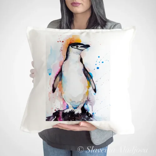 Chinstrap Penguin Art Pillow Cover, Watercolor Cushion 50 × 50 cm Chinstrap Penguin watercolor painting printed on a 50 x 50 cm cotton art pillow cover by Slaveika Aladjova