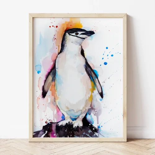Chinstrap Penguin watercolor painting the artwork on the T-shirt by Slaveika Aladjova